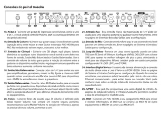 USBPHONES AUX IN L/MONO RIGHT TRS STEREO
FX RETURN
LEFT RIGHT
BALANCED OUTPUT
L/MONO R/MONO
UNBALANCED OUTPUT FX SEND
OUT/THRUINPUT
MIDI
OUT
S/PDIF
POWERGUITAR INPEDAL 2 LINE STOMP
MIC LEVEL
CD/MP3
INPUT
L6 LINK
VARIAXMIC
9VDC 2.5A Min
CONNECT TO L6 LINK ONLY
19 2316 21 22 2418 251715 20 26 27 28 29
Conexões do painel traseiro
15. Pedal 2 - Conecte um pedal de expressão convencional, como o Line
6 EX-1, e você poderá controlar Volume, Wah ou outros parâmetros em
seu pedal adicional.
16.EntradadeGuitarra-Conectesuaguitarraaqui.Sevocêestiverusando
captação ativa, tente mudar a chave Guitar In no topo POD HD500 para
PAD. Na verdade não existem regras, use como achar melhor.
17. Entrada de CD/mp3 - Conecte um CD player, mp3 player, bateria
eletrônica ou qualquer outro dispositivo e você ouvirá o som deles nos
Fones de ouvido, Saídas Não Balanceadas e Saídas Balanceadas. Use o
controle de volume de saída para ajustar a relação de volume entre a
guitarra e o dispositivo auxiliar. Inicie a regulagem com seu aparelho em
baixo volume e aumente conforme necessitar.
18. Saídas Não Balanceadas - Conecte cabos de 1/4”para enviar seu som
para amplificadores, gravadores, mixers ou PA. Ajuste a chave em AMP
quando estiver usando um amplificador ou em LINE para dispositivos
com -10dBV de entrada como mixers e gravadores.
19. Saídas Balanceadas - Conecte cabos XLR balanceados para a conexão
perfeita com gravadores ou dispositivos de sinal em linha como mixers
ou PA quando estiver tocando ao vivo. Se você ouvir algum tipo de ruído,
altere a posição da chave LIFT para eliminar o loop de aterramento entre
os equipamentos.
20. Fones - Conecte fones de ouvido aqui. O volume é definido pelo
botão Master Volume. Use sempre um volume seguro, portanto,
recomendamos usar o Master Volume na posição de 10 horas e, apenas
se precisar de mais volume, aumentar o som.
21. Entrada Aux - Essa entrada mono não balanceada de 1/4” pode ser
usada para uma segunda guitarra ou qualquer outro instrumento. Entre
na página de Sistema e Entradas/Saídas para a configuração.
22. Entrada de Mic - Conecte um microfone aqui e use o controle mic level
para ter um ótimo som de Mic. Entre na página de Sistema e Entradas/
Saídas para a configuração.
23. Loop de Efeitos - Fornece um Loop stereo (quando usando um cabo
TRS) com FX Send e FX Return. Configure o NÍVEL DO LOOP com a chave
LINE para operar na melhor voltagem de pico a pico, otimizando o
nível para seu dispositivo. O loop também pode ser usado com pedais
configurando FX LOOP LEVEL em STOMP.
24. Interface Digital Variax - Essa entrada fornece alimentação e conexão
de áudio direta entre a Line 6 Variax e o POD HD500. Entre na página
de Sistema e Entradas/Saídas para a configuração. Quando for conectar
uma Variax, use apenas os cabos fornecidos pela Line 6 - não use cabos
Ethernet convencionais - para evitar danos na conexão. Você pode
conhecer mais sobre a coleção inteira de instrumentos Variax no site
www.line6.com.
25. S/PDIF - Esse jack lhe proporciona uma saída digital de 24-bits. As
páginas de edição de Sistema e Entradas/Saídas lhe permitem escolher
a taxa de amostragem e nível de saída.
26. MIDI - Conecte um POD HD500 a seu equipamento MIDI para enviar
e receber informações. O MIDI Out se conecta ao MIDI IN de outro
equipamento; o MIDI IN se conecta ao MIDI OUT.
 