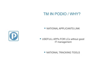 TM IN PODIO / WHY?
 NATIONAL APPLICANTS LINK
 USEFULL APPs FOR LCs without good
IT management
 NATIONAL TRACKING TOOLS
 