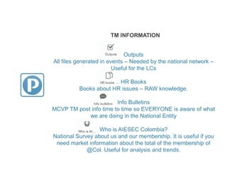 TM INFORMATION
Outputs
All files generated in events – Needed by the national network –
Useful for the LCs
HR Books
Books about HR issues – RAW knowledge.
Info Bulletins
MCVP TM post info time to time so EVERYONE is aware of what
we are doing in the National Entity
Who is AIESEC Colombia?
National Survey about us and our membership. It is useful if you
need market information about the total of the membership of
@Col. Useful for analysis and trends.
 