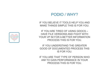 PODIO / WHY?
IF YOU BELIEVE IT TOOLS HELP YOU AND
MAKE THINGS SIMPLE THIS IS FOR YOU.
IF YOU ARE TIRED OF USING GDOCS –
HAVE FILE VERSIONS AND FIGHT WITH
YOUR VP IM FOR A BETTER INFORMATION
PROCESS THIS IS FOR YOU.
IF YOU UNDERSTAND THE GREATER
GOOD OF DOCUMENTED PROCESS THIS
IS FOR YOU.
IF YOU ARE THAT TYPE OF PERSON WHO
AIM TO GAIN PERFORMANCE IN YOUR
PROCESS THIS IS FOR YOU.
 