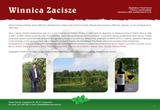 - 7 -
Winnica Zacisze
Winnica Zacisze powstała wiosną 2003 roku. Zlokalizowana w miejscowości Trzcinica k/Jasła. Pierwsze wina powstały w 2005 roku, obecnie, co roku produkuje się ok.
1000 l wina.
Wina z winnicy Zacisze prezentowane były na I, II oraz III Konwencie Polskich Winiarzy, a także podczas degustacji na Międzynarodowych Dniach Wina w Jaśle
w 2008 r. W 2009 r. winnica pozyskała cztery nowe odmiany, właściciele nie zamierzają na tym poprzestać i w przyszłości planują powiększenie areału winnicy, a także
połączenie uprawy z prowadzeniem gospodarstwa agroturystycznego w jej okolicach. Sprzyja temu atrakcyjne położenie winnicy w pięknym górzystym krajobrazie
z dala od hałasu i ruchu ulicznego, skąd można podziwiać panoramę Pogórza i Beskidu Niskiego. Przy dobrej widoczności powietrza widać również Tatry.
Na powierzchni 15 arów uprawiane są 24 odmiany winorośli. Dominują głównie odmiany towarowe do produkcji wina: Rondo, Regent, Leon Millot, Cascade, Aurora,
Bianca, Muskat Odeski, Seyval Blanc, Sibera, Traminer, Swenson Red, Jutrzenka, Einset Seedless, Alwood, Alden, Schuyler, Festivee, Kristaly.
Magdalena i Paweł Szynal należą do Stowarzyszenia Winiarzy Podkarpacia i brali udział w programie „Podkarpackie winnice”.
Paweł Szynal, Krajowice 29, 38-211 Krajowice
tel. kom. 667 649 220, e-mail: elpablito@poczta.onet.pl
Magdalena i Paweł Szynal
Trzcinica, powiat jasielski
Założona w 2003, powierzchnia 0,15 ha
 