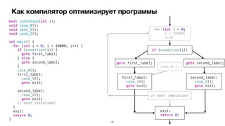 Как компилятор оптимизирует программы
bool condition(int i);


void case_0();


void case_1();


void case_2();


int main() {


for (int i = 0; i < 10000; i++) {


if (condition(i)) {


goto first_label;


} else {


goto second_label;


}


case_0();


first_label:


case_1();


goto exit;


second_label:


case_2();


goto exit;


// next iteration?


}


exit:


return 0;


}
if (condition(i))
for (int i = 0;


i < 10000;


i++)
goto first_label; goto second_label;
case_0();
first_label:


case_1();


goto exit;
second_label:


case_2();


goto exit;
exit:


return 0;
// next iteration?
22
 