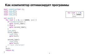 Как компилятор оптимизирует программы
bool condition(int i);


void case_0();


void case_1();


void case_2();


int main() {


for (int i = 0; i < 10000; i++) {


if (condition(i)) {


goto first_label;


} else {


goto second_label;


}


case_0();


first_label:


case_1();


goto exit;


second_label:


case_2();


goto exit;


// next iteration?


}


exit:


return 0;


}
for (int i = 0;


i < 10000;


i++)
8
 