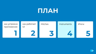 ПЛАН
Hitches
как работает
UI
Instruments
как устроено
приложение
1 2 3 4
Итоги
5
 
