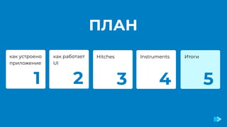 ПЛАН
Hitches
как работает
UI
Instruments
как устроено
приложение
1 2 3 4
Итоги
5
 