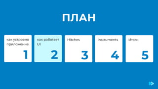 ПЛАН
Hitches
как работает
UI
Instruments
как устроено
приложение
1 2 3 4
Итоги
5
 