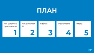 ПЛАН
Hitches
как работает
UI
Instruments
как устроено
приложение
1 2 3 4
Итоги
5
 