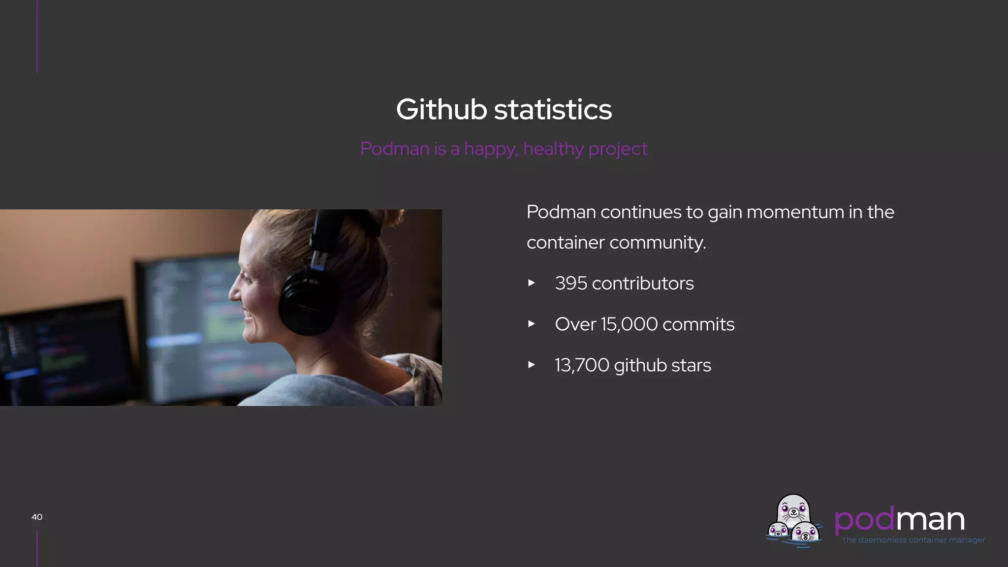 V0000000
Podman continues to gain momentum in the
container community.
▸ 395 contributors
▸ Over 15,000 commits
▸ 13,700 github stars
40
Podman is a happy, healthy project
Github statistics
 