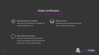V0000000
Kube continued …
33
Set default resource limits with play kube
when not defined in kube yaml
Resource control
Support for ENV variables from fieldRef and
resourceFieldRef sources.
Injecting environment variables
Why use a file format that only works with
Docker. Kube YAML works with Podman and
Kubernetes. Podman makes this easy.
Stop using docker compose
Generate and play enhancements
 