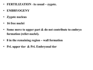 • FERTILIZATION -As usual – zygote.
• EMBRYOGENY
• Zygote nucleus
• 16 free nuclei
• Some move to upper part & do not contribute to embryo
formation (relict nuclei).
• 8 in the remaining region – wall formation
• Pri. upper tier & Pri. Embryonal tier
 