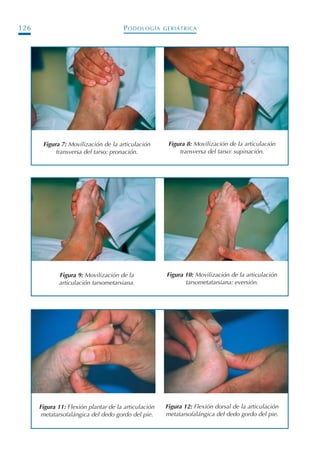 PODOLOGÍA GERIÁTRICA126
Figura 7: Movilización de la articulación
transversa del tarso: pronación.
Figura 8: Movilización de la articulación
transversa del tarso: supinación.
Figura 9: Movilización de la
articulación tarsometarsiana.
Figura 10: Movilización de la articulación
tarsometatarsiana: eversión.
Figura 11: Flexión plantar de la articulación
metatarsofalángica del dedo gordo del pie.
Figura 12: Flexión dorsal de la articulación
metatarsofalángica del dedo gordo del pie.
Podología geriátrica 001-382 3/8/07 10:21 Página 126
 