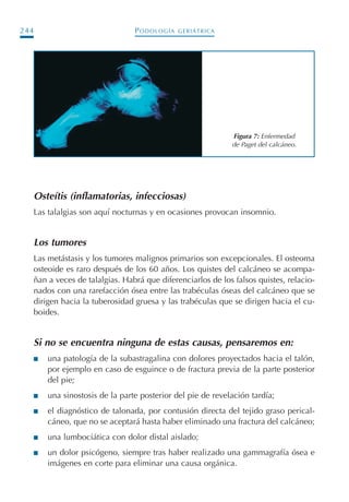 PODOLOGÍA GERIÁTRICA244
Osteítis (inflamatorias, infecciosas)
Las talalgias son aquí nocturnas y en ocasiones provocan insomnio.
Los tumores
Las metástasis y los tumores malignos primarios son excepcionales. El osteoma
osteoide es raro después de los 60 años. Los quistes del calcáneo se acompa-
ñan a veces de talalgias. Habrá que diferenciarlos de los falsos quistes, relacio-
nados con una rarefacción ósea entre las trabéculas óseas del calcáneo que se
dirigen hacia la tuberosidad gruesa y las trabéculas que se dirigen hacia el cu-
boides.
Si no se encuentra ninguna de estas causas, pensaremos en:
I una patología de la subastragalina con dolores proyectados hacia el talón,
por ejemplo en caso de esguince o de fractura previa de la parte posterior
del pie;
I una sinostosis de la parte posterior del pie de revelación tardía;
I el diagnóstico de talonada, por contusión directa del tejido graso perical-
cáneo, que no se aceptará hasta haber eliminado una fractura del calcáneo;
I una lumbociática con dolor distal aislado;
I un dolor psicógeno, siempre tras haber realizado una gammagrafía ósea e
imágenes en corte para eliminar una causa orgánica.
Figura 7: Enfermedad
de Paget del calcáneo.
Podología geriátrica 001-382 3/8/07 10:21 Página 244
 