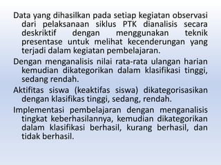 Data yang dihasilkan pada setiap kegiatan observasi
dari pelaksanaan siklus PTK dianalisis secara
deskriktif dengan menggunakan teknik
presentase untuk melihat kecenderungan yang
terjadi dalam kegiatan pembelajaran.
Dengan menganalisis nilai rata-rata ulangan harian
kemudian dikategorikan dalam klasifikasi tinggi,
sedang rendah.
Aktifitas siswa (keaktifas siswa) dikategorisasikan
dengan klasifikas tinggi, sedang, rendah.
Implementasi pembelajaran dengan menganalisis
tingkat keberhasilannya, kemudian dikategorikan
dalam klasifikasi berhasil, kurang berhasil, dan
tidak berhasil.
 