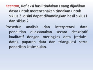 Keenam, Refleksi hasil tindakan I yang dijadikan
dasar untuk merencanakan tindakan untuk
siklus 2. disini dapat dibandingkan hasil siklus I
dan siklus 2.
Prosedur analisis dan interpretasi data
penelitian dilaksanakan secara deskriptif
kualitatif dengan meringkas data (reduksi
data), paparan data dan triangulasi serta
penarikan kesimpulan.
 