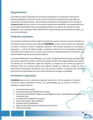 Competitividad
En la tabla de arriba se identifican los principales competidores y se describen e términos de
ubicación geográfica, cartera de servicio y otras características que permitan comprender sus
intenciones y comportamientos. Los principales competidores de PodoMedic en el mercado es:
Servipies Centro, por que cuenta con los mismos servicios que PodoMedic, claro queda mencionar
que los demás competidor tiene una estrategia específica y un objetivo son similares a los de
PodoMedic. Este competidor abarca distinto nivel socioeconómico, por los precios accesibles y el
servicio personalizado.

Productos sustitutivos
Los productos sustitutivos influyen sobre la competencia, ya que si tienen un precio más bajo y es
más atractivo que el servicio, generado por PodoMedic, ya que un gran numero de la demanda
se motiva a comprar á hacia el productos sustitutivo. Otro servicio sustituto son las estéticas,
peluquerías y centros de belleza donde se practican pedicuras son los principales productos
sustitutivos que se deben tener en cuenta, para analizar el comportamiento del consumidor, este
tipo de tratamientos son exclusivamente estéticos.

La reciente implantación de la Podología y, por tanto, el desconocimiento de esta actividad, hace
que muchos pacientes se dirijan a centros de estética cuando sufren alguna dolencia que debería
ser tratada por un profesional. Según los expertos, la mayoría de los clientes no aprecia la
diferencia entre los servicios estéticos de pedicura (limado de asperezas, arreglo de uñas,
aplicación de tratamientos hidratantes, etc.) y los servicios médicos. La confusión que existe en
este punto es tan grande que hace que muchos pacientes se acerquen al podólogo.

Previsiones a largo plazo.
PodoMedic debe de tener presente el siguiente cuadro con el fin de aumentar o mantener
los puntos fuertes, permanecer atento a las oportunidades que se ofrecen y eliminar o
mantener la mejora continua.

      Crecimiento del mercado.
      El aumento de personas diabéticas en el país.
      Gran parte de la población padece una patología en los pies. Especialidad no integrada en el
       sistema de salud.
      La compra de más Mobiliario y equipo.
      Horario de atención, días completos.
      Ubicación de las instalaciones.
      Seguir manteniendo personal calificado de primer nivel.
      Trato personalizado.

                                                                                               15
 