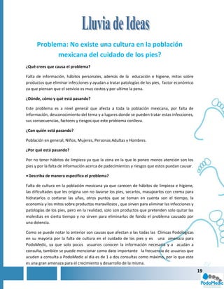 Problema: No existe una cultura en la población
            mexicana del cuidado de los pies?
¿Qué crees que causa el problema?

Falta de información, hábitos personales, además de la educación e higiene, mitos sobre
productos que eliminar infecciones y ayudan a tratar patologías de los pies, factor económico
ya que piensan que el servicio es muy costos y por ultimo la pena.

¿Dónde, cómo y qué está pasando?

Este problema es a nivel general que afecta a toda la población mexicana, por falta de
información, desconocimiento del tema y a lugares donde se pueden tratar estas infecciones,
sus consecuencias, factores y riesgos que este problema conlleva.

¿Con quién está pasando?

Población en general, Niños, Mujeres, Personas Adultas y Hombres.

¿Por qué está pasando?

Por no tener hábitos de limpieza ya que la zona en la que le ponen menos atención son los
pies y por la falta de información acerca de padecimientos y riesgos que estos puedan causar.

• Describa de manera específica el problema?

Falta de cultura en la población mexicana ya que carecen de hábitos de limpieza e higiene,
las dificultades que les origina son no lavarse los pies, secarlos, masajearlos con crema para
hidratarlos o cortarse las uñas, otros puntos que se toman en cuenta son el tiempo, la
economía y los mitos sobre productos maravillosos , que sirven para eliminar las infecciones y
patologías de los pies, pero en la realidad, solo son productos que pretenden solo quitar las
molestias en cierto tiempo y no sirven para eliminarlos de fondo el problema causado por
una dolencia.

Como se puede notar lo anterior son causas que afectan a las todas las Clínicas Podologícas
en su mayoría por la falta de cultura en el cuidado de los pies y es una amenaza para
PodoMedic, ya que solo pocos usuarios conocen la información necesaria y a acudan a
consulta, también se puede mencionar como dato importante la frecuencia de usuarios que
acuden a consulta a PodoMedic al día es de 1 a dos consultas como máximo, por lo que este
es una gran amenaza para el crecimiento y desarrollo de la misma.
                                                                                                 19
 