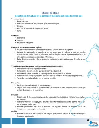 Lluvias de ideas:
    Inexistencia de Cultura en la población mexicana del cuidado de los pies
Consecuencias:
    Falta atención
    Desconocimiento de información y de donde dirigirse.
    Higiene
    Afectan la parte de la Imagen personal
    Pena

Factores:
     Economía
     Tiempo
     Educación y Higiene

Riesgos al no tener cultura de higiene:
    Causar Infecciones que pueden conllevarlo a consecuencias más graves.
    Agravar las patologías y pasarlas a las personas que le rodean ya que se pueden
       transmitir por varios factores (albercas, baños, simples mente al ponerse el calzado de
       otra persona con alguna patología infecciosa).
    Falta de conocimiento y de no seguir un tratamiento adecuado puede llevarlos a una
       Cirugías.

Ventajas de tener cultura de higiene para el cuidado de los pies:
    Prevenir Infecciones y padecimientos
    Conocer las enfermedades que existen en la actualidad.
    Conocer los padecimientos y los riesgos que estos puedan ocasionar.
    Conocimiento sobre el personal indicado para la atención medica correspondiente.
    Saber los costos beneficios por el uso del servicio.

Desventajas
    Contraer alguna infección y que se agrave.
    Seguir utilizando fármacos que eliminen los síntomas o bien productos sustitutos que
      eviten dolencias en el momento.

Solución
    Hacer usos de las tecnologías para dar a conocer los riesgos de no tener una cultura
       de higiene.
    Publicitar folletos que apoyen a difundir las enfermedades causadas por no hacer uso
       de la higiene en los pies.
    Realizar publicidad para dar a conocer los lugares donde se puedan tratar las
       infecciones y patologías de los pies.
Acción
    Realizar publicidad para conocer los riesgos que pueden causar al no tratarse alguna
       infección y patología.

                                                                                                 20
 
