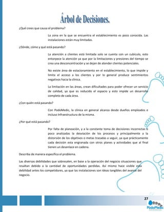 ¿Qué crees que causa el problema?

                     La zona en la que se encuentra el establecimiento es poco conocida. Las
                     instalaciones están muy limitadas.

¿Dónde, cómo y qué está pasando?

                     La atención a clientes está limitada solo se cuenta con un cubículo, esto
                     entorpece la atención ya que por la limitaciones y presiones del tiempo se
                     crea una desconcentración y se dejan de atender clientes potenciales.

                     No existe área de estacionamiento en el establecimiento, lo que impide y
                     limita el acceso a los clientes y por lo general produce sentimientos
                     negativos hacia la clínica.

                     La limitación en las áreas, crean dificultades para poder ofrecer un servicio
                     de calidad, ya que es reducido el espacio y esto impide un desarrollo
                     completo de cada área.

¿Con quién está pasando?

                     Con PodoMedic, la clínica en general alcanza desde dueños empleados e
                     incluso Infraestructura de la misma.

¿Por qué está pasando?

                     Por falta de planeación, y a la constante toma de decisiones incorrectas o
                     poco analizadas la desviación de los procesos y principalmente a la
                     distorsión de los objetivos o metas trazadas a seguir, ya que prácticamente
                     cada decisión esta engranada con otros planes y actividades que al final
                     tienen un desenlace en cadena.

Describa de manera específica el problema.

Las diversas debilidades que sobresalen, en base a la operación del negocio situaciones que
resaltan debido a la cantidad de oportunidades perdidas. Así mismo hace visible esta
debilidad antes los competidores, ya que las instalaciones son ideas tangibles del avance del
negocio.




                                                                                                27
 