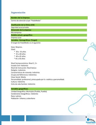 Segmentación

Nombre del la Empresa:
Centro de atención al pie “PodoMedic”

Clasificación de la Clínica (CSI)
Seguridad social privadas.
Dimensión de la empresa:
Microempresa
Ámbito actual y geográfico:
Empresa Local
Variables Demográficas: (Target)
El target de PodoMedic es el siguiente:

Sexo: Mujeres.
Edad:
   * 30 a 35 años
   * 35 a 40 años
   * 40 a 45 años
   * 45 a 50 años

Nivel Socioeconómico: Nivel C, C+
Estado Civil: Indistinto
Nivel de Instrucción: Nivel básico
Religión: Indistinto
Características de vivienda: Indistinto
Grupos de Referencia: Indistintos
Clase Social: Media
Personalidad: profesional, preocupada por la estética y personalidad.
Cultura: Indistinta
Ciclo de vida familiar: Indistinto

Variables geográficas:
Unidad Geográfica: Municipio (Puebla, Puebla)
Condiciones Geográficas: indistinto
Raza: Latinos
Población: Urbana y suburbana




                                                                        9
 