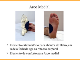 Arco Medial
• Elemento estimulatório para abdutor de Halux,em
cadeia fechada age na rotacao corporal
• Elemento de conforto para Arco medial
 