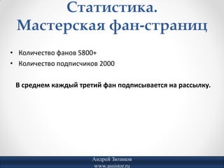 Статистика.
 Мастерская фан-страниц
• Количество фанов 5800+
• Количество подписчиков 2000

 В среднем каждый третий фан подписывается на рассылку.




                      Андрей Зюзиков
                      www.assistor.ru
 