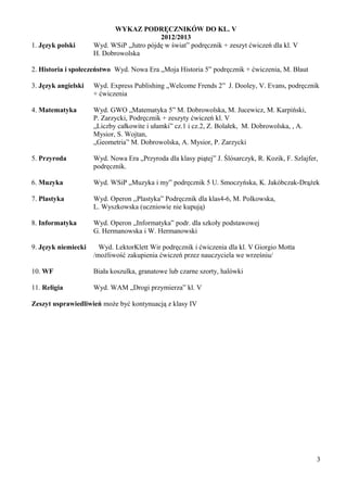 WYKAZ PODRĘCZNIKÓW DO KL. V
                                          2012/2013
1. Język polski      Wyd. WSiP „Jutro pójdę w świat” podręcznik + zeszyt ćwiczeń dla kl. V
                     H. Dobrowolska

2. Historia i społeczeństwo Wyd. Nowa Era „Moja Historia 5” podręcznik + ćwiczenia, M. Błaut

3. Język angielski   Wyd. Express Publishing „Welcome Frends 2” J. Dooley, V. Evans, podręcznik
                     + ćwiczenia

4. Matematyka        Wyd. GWO „Matematyka 5” M. Dobrowolska, M. Jucewicz, M. Karpiński,
                     P. Zarzycki, Podręcznik + zeszyty ćwiczeń kl. V
                     „Liczby całkowite i ułamki” cz.1 i cz.2, Z. Bolałek, M. Dobrowolska, , A.
                     Mysior, S. Wojtan,
                     „Geometria” M. Dobrowolska, A. Mysior, P. Zarzycki

5. Przyroda          Wyd. Nowa Era „Przyroda dla klasy piątej” J. Ślósarczyk, R. Kozik, F. Szlajfer,
                     podręcznik.

6. Muzyka            Wyd. WSiP „Muzyka i my” podręcznik 5 U. Smoczyńska, K. Jakóbczak-Drążek

7. Plastyka          Wyd. Operon ,,Plastyka” Podręcznik dla klas4-6, M. Polkowska,
                     L. Wyszkowska (uczniowie nie kupują)

8. Informatyka       Wyd. Operon „Informatyka” podr. dla szkoły podstawowej
                     G. Hermanowska i W. Hermanowski

9. Język niemiecki     Wyd. LektorKlett Wir podręcznik i ćwiczenia dla kl. V Giorgio Motta
                     /możliwość zakupienia ćwiczeń przez nauczyciela we wrześniu/

10. WF               Biała koszulka, granatowe lub czarne szorty, halówki

11. Religia          Wyd. WAM „Drogi przymierza” kl. V

Zeszyt usprawiedliwień może być kontynuacją z klasy IV




                                                                                                   3
 