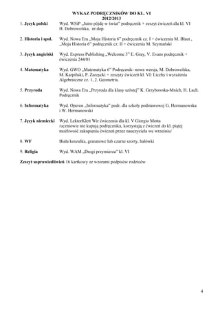 WYKAZ PODRĘCZNIKÓW DO KL. VI
                                           2012/2013
1. Język polski       Wyd. WSiP „Jutro pójdę w świat” podręcznik + zeszyt ćwiczeń dla kl. VI
                      H. Dobrowolska, nr dop.

2. Historia i społ.   Wyd. Nowa Era „Moja Historia 6” podręcznik cz. I + ćwiczenia M. Błaut ,
                      ,,Moja Historia 6” podręcznik cz. II + ćwiczenia M. Szymański

3. Język angielski    Wyd. Express Publishing „Welcome 3” E. Gray, V. Evans podręcznik +
                      ćwiczenia 244/01

4. Matematyka         Wyd. GWO „Matematyka 6” Podręcznik- nowa wersja, M. Dobrowolska,
                      M. Karpiński, P. Zarzycki + zeszyty ćwiczeń kl. VI: Liczby i wyrażenia
                      Algebraiczne cz. 1, 2. Geometria.

5. Przyroda           Wyd. Nowa Era „Przyroda dla klasy szóstej” K. Grzybowska-Mnich, H. Lach.
                      Podręcznik

6. Informatyka        Wyd. Operon „Informatyka” podr. dla szkoły podstawowej G. Hermanowska
                      i W. Hermanowski

7. Język niemiecki    Wyd. LektorKlett Wir ćwiczenia dla kl. V Giorgio Motta
                      /uczniowie nie kupują podręcznika, korzystają z ćwiczeń do kl. piątej
                      możliwość zakupienia ćwiczeń przez nauczyciela we wrześniu/

8. WF                 Biała koszulka, granatowe lub czarne szorty, halówki

9. Religia            Wyd. WAM „Drogi przymierza” kl. VI

Zeszyt usprawiedliwień 16 kartkowy ze wzorami podpisów rodziców




                                                                                                 4
 