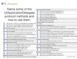 Name some of the
UIApplicationDelegate
protocol methods and
how to use them.
#11 Answer
source: Dash for Mac
 