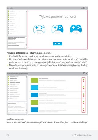 26 4 | W trakcie szkolenia
Przyciski zgłaszam się i plus/minus pomogą Ci:
•• Uzyskać informacje zwrotne na temat poziomu uwagi uczestników;
•• Otrzymać odpowiedzi na proste pytania, np. czy mnie państwo słyszą?, czy widzą
państwo prezentację?, czy mają państwo jakieś pytania?, czy możemy przejść dalej?;
•• Na podstawie pytań zamkniętych zaangażować uczestników w dialog typowy dla tego
w sali szkoleniowej;
Możliwy scenariusz:
Możesz kontrolować poziom zaangażowania oraz koncentracji uczestników na danym
Gry online
Wybierz poziom trudności
łatwy średni trudny
PLAY
Przyciski zgłaszam się i plus/minus
 