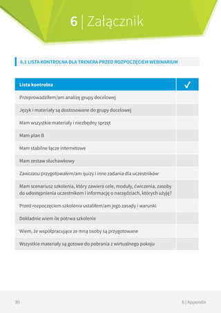 30 6 | Appendix
6 | Załącznik
6.1 LISTA KONTROLNA DLA TRENERA PRZED ROZPOCZĘCIEM WEBINARIUM
Lista kontrolna ✓
Przeprowadziłem/am analizę grupy docelowej
Język i materiały są dostosowane do grupy docelowej
Mam wszystkie materiały i niezbędny sprzęt
Mam plan B
Mam stabilne łącze internetowe
Mam zestaw słuchawkowy
Zawczasu przygotowałem/am quizy i inne zadania dla uczestników
Mam scenariusz szkolenia, który zawiera cele, moduły, ćwiczenia, zasoby
do udostępnienia uczestnikom i informację o narzędziach, których użyję?
Przed rozpoczęciem szkolenia ustaliłem/am jego zasady i warunki
Dokładnie wiem ile potrwa szkolenie
Wiem, że współpracujące ze mną osoby są przygotowane
Wszystkie materiały są gotowe do pobrania z wirtualnego pokoju
 