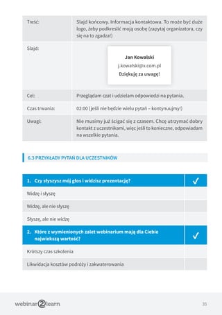35
Treść: Slajd końcowy. Informacja kontaktowa. To może być duże
logo, żeby podkreslić moją osobę (zapytaj organizatora, czy
się na to zgadza!)
Slajd:
Jan Kowalski
j.kowalski@x.com.pl
Dziękuję za uwagę!
Cel: Przeglądam czat i udzielam odpowiedzi na pytania.
Czas trwania: 02:00 (jeśli nie będzie wielu pytań – kontynuujmy!)
Uwagi: Nie musimy już ścigać się z czasem. Chcę utrzymać dobry
kontakt z uczestnikami, więc jeśli to konieczne, odpowiadam
na wszelkie pytania.
6.3 PRZYKŁADY PYTAŃ DLA UCZESTNIKÓW
1.	 Czy słyszysz mój głos i widzisz prezentację? ✓
Widzę i słyszę
Widzę, ale nie słyszę
Słyszę, ale nie widzę
2.	 Które z wymienionych zalet webinarium mają dla Ciebie
najwiekszą wartość? ✓
Krótszy czas szkolenia
Likwidacja kosztów podróży i zakwaterowania
 
