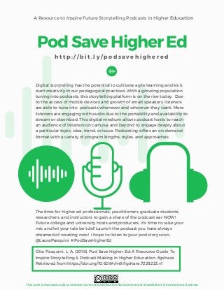 A Resource to Inspire Future Storytelling Podcasts in Higher Education
This work is licensed under a Creative Commons Attribution-NonCommercial-ShareAlike 4.0 International License.
PodSaveHigherEd
h t t p : / / b i t . l y / p o d s a v e h i g h e r e d
Digital storytelling has the potential to cultivate agile learning and kick
start creativity in our pedagogical practices. With a growing population
tuning into podcasts, this storytelling platform is on the rise today.  Due
to the access of mobile devices and growth of smart speakers, listeners
are able to tune into  podcasts whenever and wherever they want. More
listeners are engaging with audio due to the portability and availability to
stream or download. This digital medium allows podcast hosts to reach
an audience of listeners on campus and beyond to engage deeply about
a particular topic, idea, trend, or issue. Podcasting offers an on-demand
format with a variety of program lengths, styles, and approaches.
The time for higher ed professionals, practitioners, graduate students,
researchers, and instructors to gain a share of the podcast ear NOW!
Future college and university hosts and producers, it's time to raise your
mic and let your tale be told! Launch the podcast you have always
dreamed of creating now!  I hope to listen to your pod story soon,
@LauraPasquini  #PodSaveHigherEd 
 
Cite: Pasquini, L. A. (2018). Pod Save Higher Ed: A Resource Guide To
Inspire Storytelling & Podcast Making in Higher Education. figshare.
Retrieved from https://doi.org/10.6084/m9.figshare.7228223.v1
 
