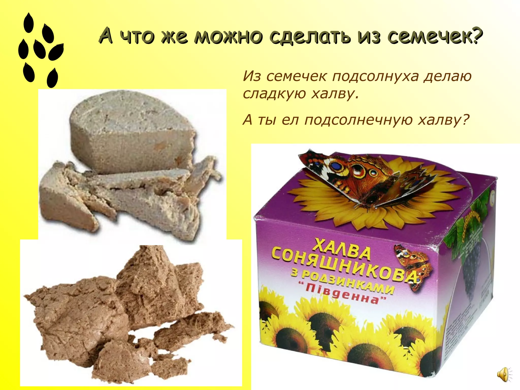 А что же можно сделать из семечек?
            Из семечек подсолнуха делаю
            сладкую халву.
            А ты ел подсолнечную халву?
 