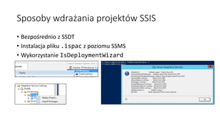 Sposoby wdrażania projektów SSIS
• Bezpośrednio z SSDT
• Instalacja pliku .ispac z poziomu SSMS
• Wykorzystanie IsDeploymentWizard
 