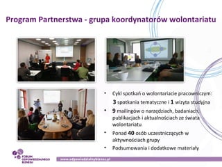 Program Partnerstwa - grupa koordynatorów wolontariatu
• Cykl spotkań o wolontariacie pracowniczym:
3 spotkania tematyczne...
