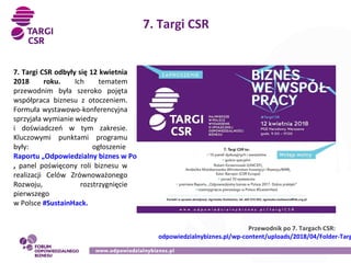 7. Targi CSR
7. Targi CSR odbyły się 12 kwietnia
2018 roku. Ich tematem
przewodnim była szeroko pojęta
współpraca biznesu ...