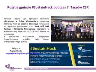Podczas Targów CSR ogłoszono laureatów
pierwszego w Polsce #SustainHack. Uczestnicy
konkursu mieli za zadanie dostarczyć r...