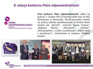 Finał konkursu Pióro odpowiedzialności odbył się
podczas 7. Targów CSR 12 kwietnia 2018 roku na PGE
Narodowym w Warszawie....