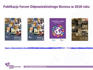 Publikacje Forum Odpowiedzialnego Biznesu w 2018 roku
Raport „Odpowiedzialny biznes w Polsce 2017. Dobre praktyki”REPORT R...