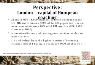 Perspective: London – capital of European coaching about 16.000-18.000 business coaches operating in the EU. UK and Germany (30% of the EU population) - seem to accommodate over 70% of all EU coaches (UK: 7500; Germany: 5000) internationalisation and convergence continue to play an important role UK and Ireland have the highest density of operating coaches (about 1 business coach per 8000 inhabitants) Source: Bresser Consulting Report, Results of the European Coaching Survey 2007/8, February 2008 