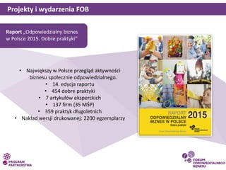 Projekty i wydarzenia FOB
• Największy w Polsce przegląd aktywności
biznesu społecznie odpowiedzialnego.
• 14. edycja rapo...