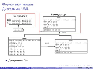 Формальная модель
Диаграммы UML
Диаграммы Dia
В.В. Подымов, У.В. Попеско (МГУ) Верификация ПКС при пом. UPPAAL 2013 12 / 22
 