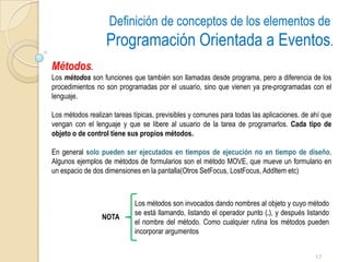 EventosEn eventoesunaaccióniniciadapor el usuario.  Ejemplo de eventos son:  presionar un botón, cambiar un texto, etc.Cadavezque se produce un evento, se crea un objeto.La clase padre de los eventoses:java.awt.Event