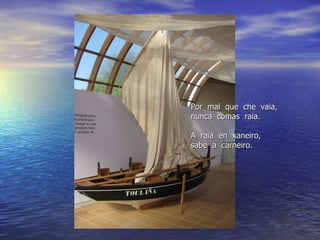 Por  mal  que  che  vaia, nunca  comas  raia.  A  raia  en  xaneiro, sabe  a  carneiro. 