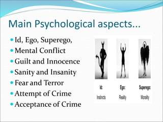 Main Psychological aspects...
Id, Ego, Superego,
Mental Conflict
Guilt and Innocence
Sanity and Insanity
Fear and Terror
Attempt of Crime
Acceptance of Crime
 