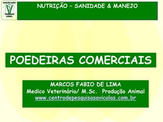 MARCOS FABIO
PRODUÇÃO
ANIMAL
NUTRIÇÃO – SANIDADE & MANEJO
POEDEIRAS COMERCIAIS
MARCOS FABIO DE LIMA
Medico Veterinário/ M.Sc. Produção Animal
www.centrodepesquisasavicolas.com.br
 