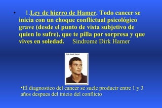       1. Ley de hierro  de Hamer . Todo cancer se inicia con un choque conflictual psicológico grave (desde el punto de vista subjetivo de quien lo sufre), que te pilla por sorpresa y que vives en soledad.        Sindrome Dirk Hamer El diagnostico del cancer se suele producir entre 1 y 3 años despues del inicio del conflicto 