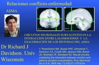 Relaciones conflicto-enfermedad  ASMA Dr Richard J Davidson. Univ Wisconsin 1: Rosenkranz MA, Busse WW, Johnstone T, Swenson CA, Crisafi GM, Jackson MM, Bosch JA, Sheridan JF, Davidson RJ. Neural circuitry underlying the interaction between emotion and asthma symptom exacerbation. Proc Natl Acad Sci U S A. 2005 Sep 13;102(37):13319-24   CIRCUITOS NEURONALES SUBYACENTES  EN  LA INTERACCIÓN ENTRE LA S  EMOCI ONES  Y   LA EXACERBACIÓN DE LOS SÍNTOMAS DEL ASMA   