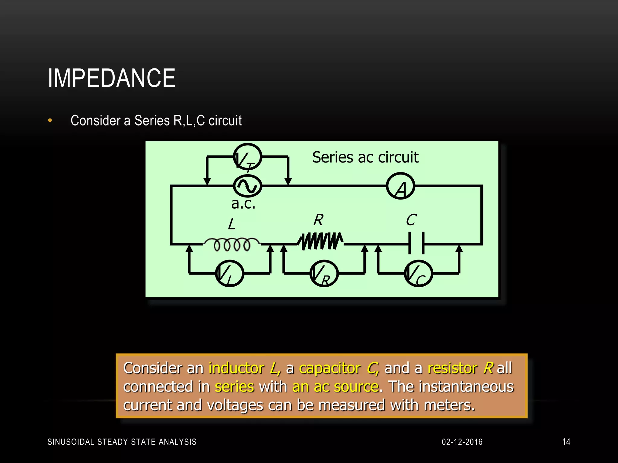 IMPEDANCE
• Consider a Series R,L,C circuit
L
VR VC
CR
a.c.
VL
VT
A
Series ac circuit
Consider an inductor L, a capacitor C, and a resistor R all
connected in series with an ac source. The instantaneous
current and voltages can be measured with meters.
02-12-2016 14SINUSOIDAL STEADY STATE ANALYSIS
 