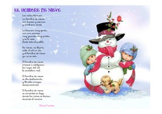 EL HOMBRE DE NIEVE
   Los niños hicieron
   un hombre de nieve,
   con brazos y piernas
   y sombrero verde.

   Lo hicieron muy gordo,
   con una sonrisa
   muy grande, muy prieto,
   y se le veía
   desde todo el pueblo.

   No nieva, no llueve,
   salió el sol un día
   y el hombre de nieve
   ya no se reía.

   El hombre de nieve
   empezó a adelgazar,
   los rayos del sol
   le sentaban mal.

   El hombre de nieve
   se iba deshaciendo,
   y lloraba arroyos
   desapareciendo.

   El hombre de nieve
   se convirtió en lago,
   donde los niños se bañan
   durante el verano.

                  Gloria Fuertes
 